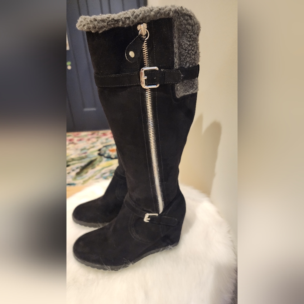 Black Suede Knee-High Boots with Zipper